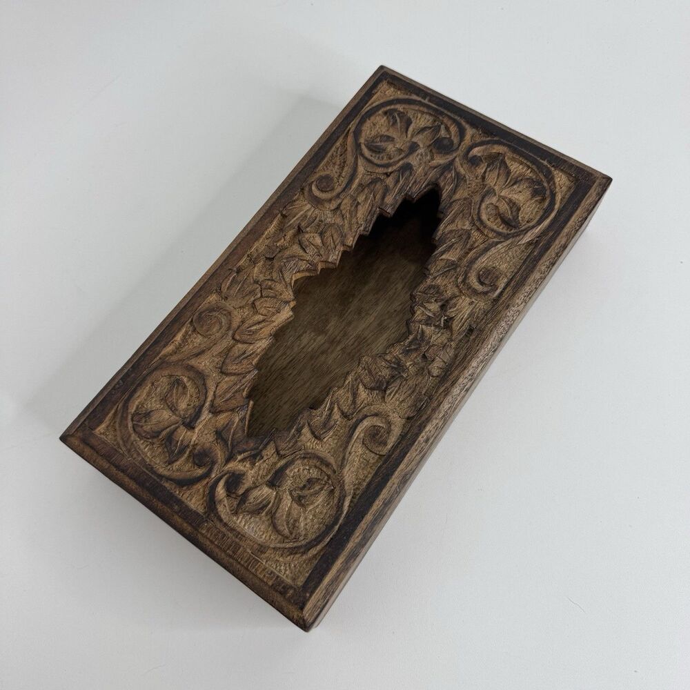 Vtg Hand carved Wooden Tissue Box Holder Cover Hinged Foliage Scroll Pattern